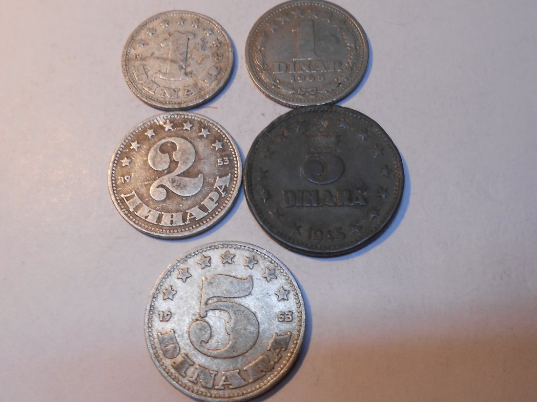  M.178. Jugoslawien 5er Lot, 1 Dinar 1953, 1 Dinar 1965, 2 Dinar 1953, 5 Dinar 1945, 5 Dinar 1953   