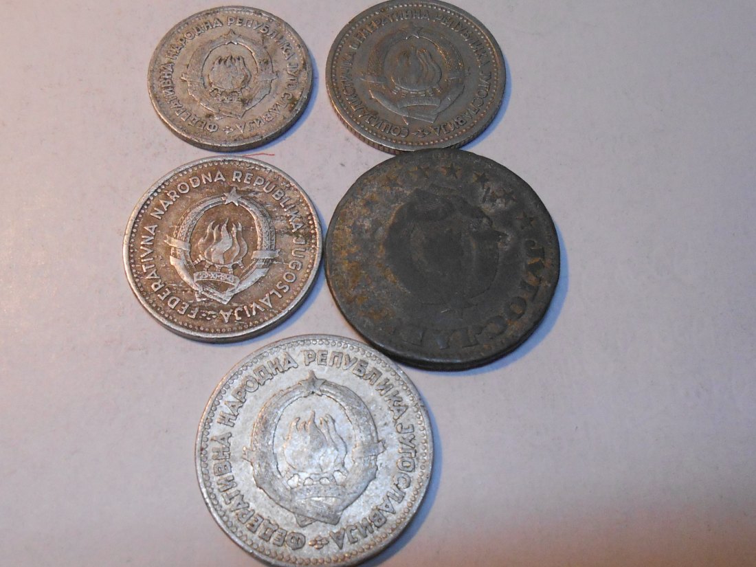  M.178. Jugoslawien 5er Lot, 1 Dinar 1953, 1 Dinar 1965, 2 Dinar 1953, 5 Dinar 1945, 5 Dinar 1953   