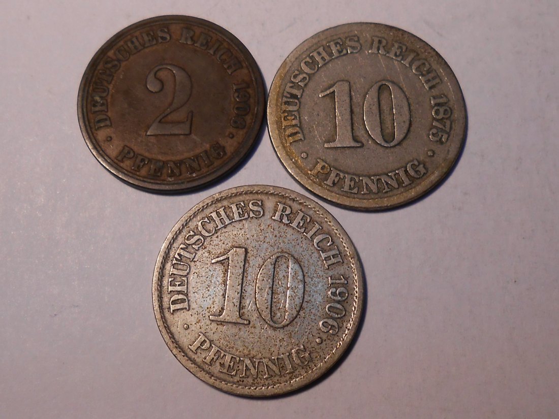  M.161. Kaiserreich 3erLot, 2 Pfennig 1906 A, 10 Pfennig 1875 E, 10 Pfennig 1906 A   