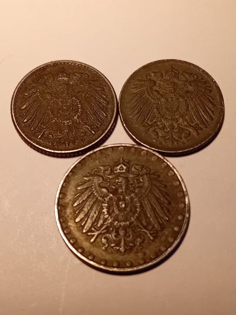  M.162. Kaiserreich-Ersatzmünzen 1.Weltkrieg 3er Lot, 5 Pf.1921 A, 5 Pf.1922 D, 10 Pf.1916 A   