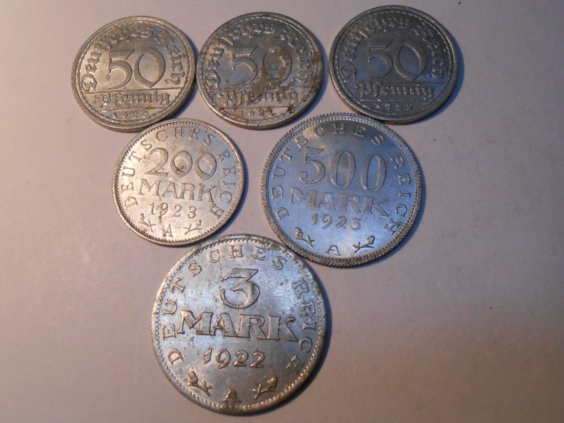  M.163. WeimarerRepublik 6erLot,50 Pf. 1920A 1921D 1922E,3 Mark 1922A,200 Mark 1923,500 Mark 1923A   