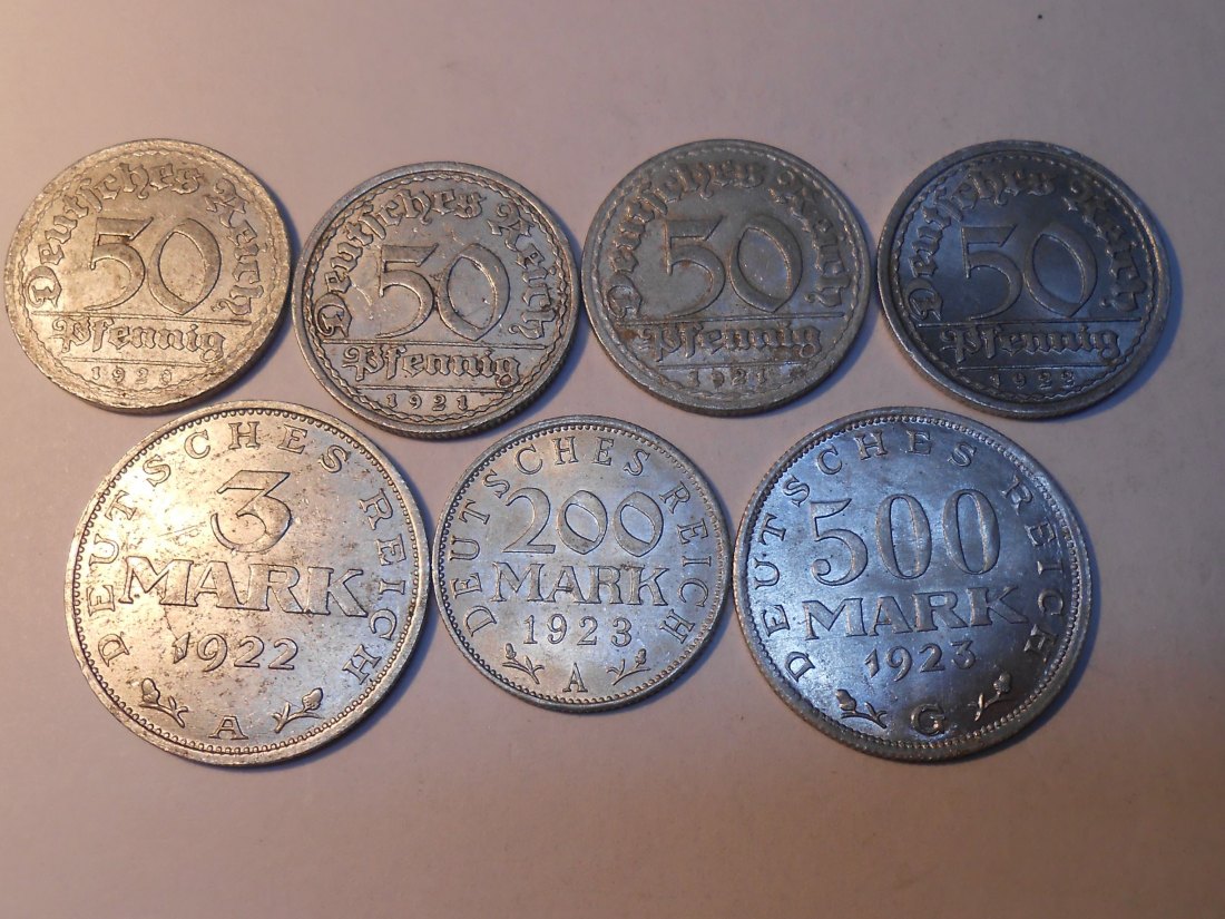  M.164. WeimarerRepublik 7erLot, 50 Pf. 1920A  1921A  1921D  1922E, 3 Mark 1922A, 200 Mark 1923A, 500   