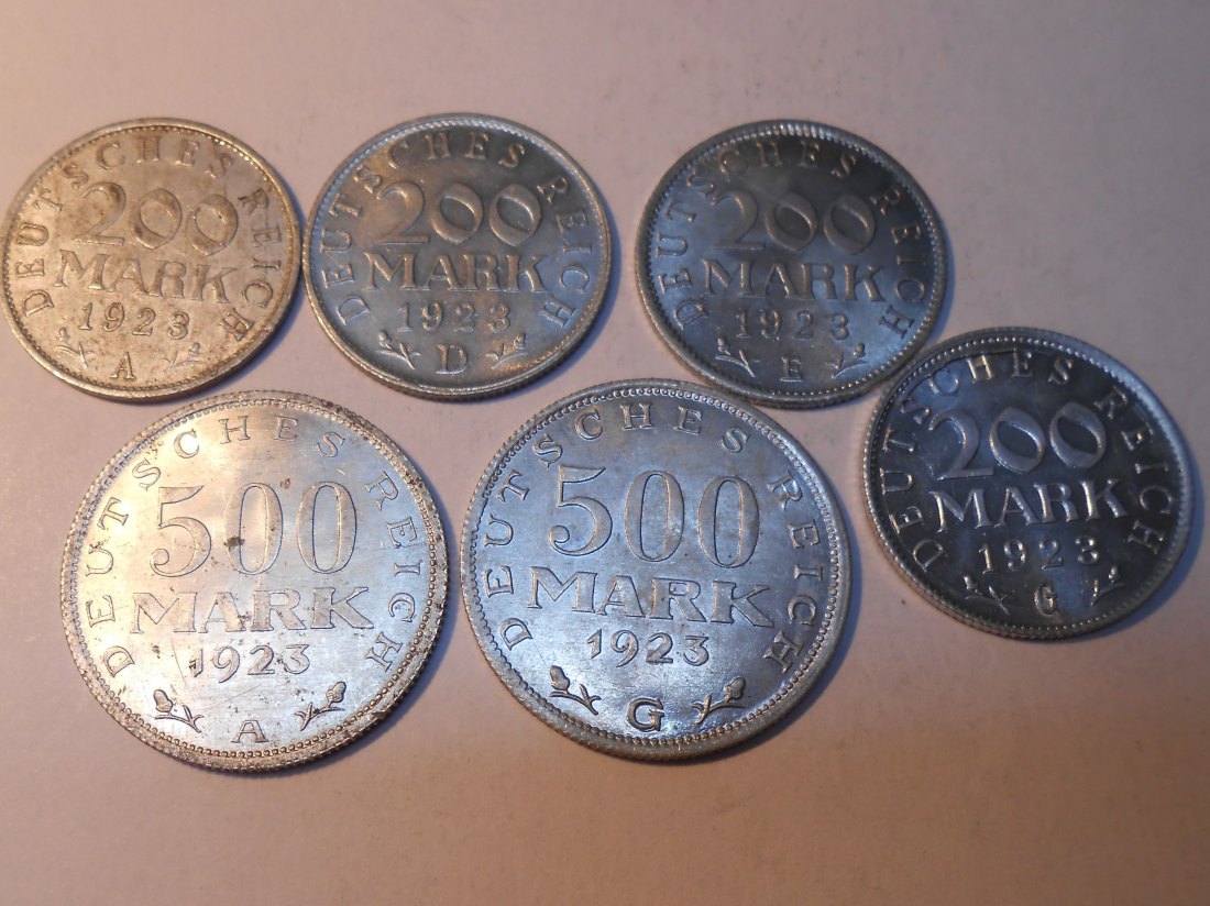  M.166. WeimarerRepublik 6erLot, 200 Mark 1923A  1923D  1923E 1923 G,  500 Mark 1923A  1923G   