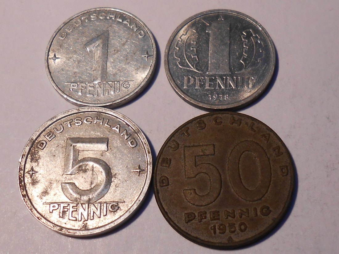  M.167. DDR 4er Lot, 1 Pfennig 1953 A, 1 Pfennig 1978 A, 5 Pfennig 1949 A, 50 Pfennig 1950 A   