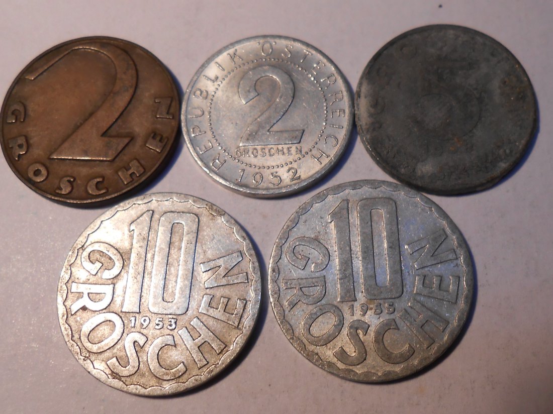  M.169. Österreich 5erLot, 2 Groschen 1925, 2 Groschen 1952, 5 Groschen 1968, 10 Groschen 1953 /1955   