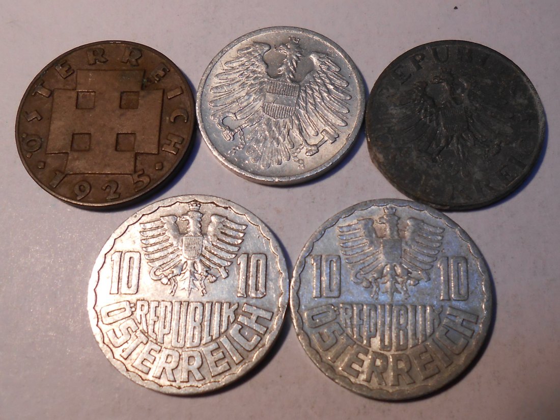  M.169. Österreich 5erLot, 2 Groschen 1925, 2 Groschen 1952, 5 Groschen 1968, 10 Groschen 1953 /1955   