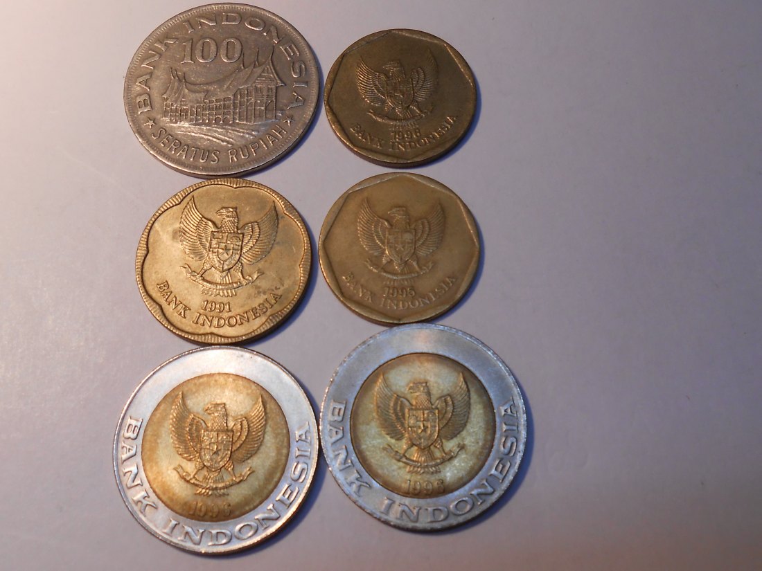  M.144. Indonesien 6er Lot, 100 Rupiah 1978 + 1995 +1996, 500 Rupiah 1991, 2x1000 Rupiah 1996   