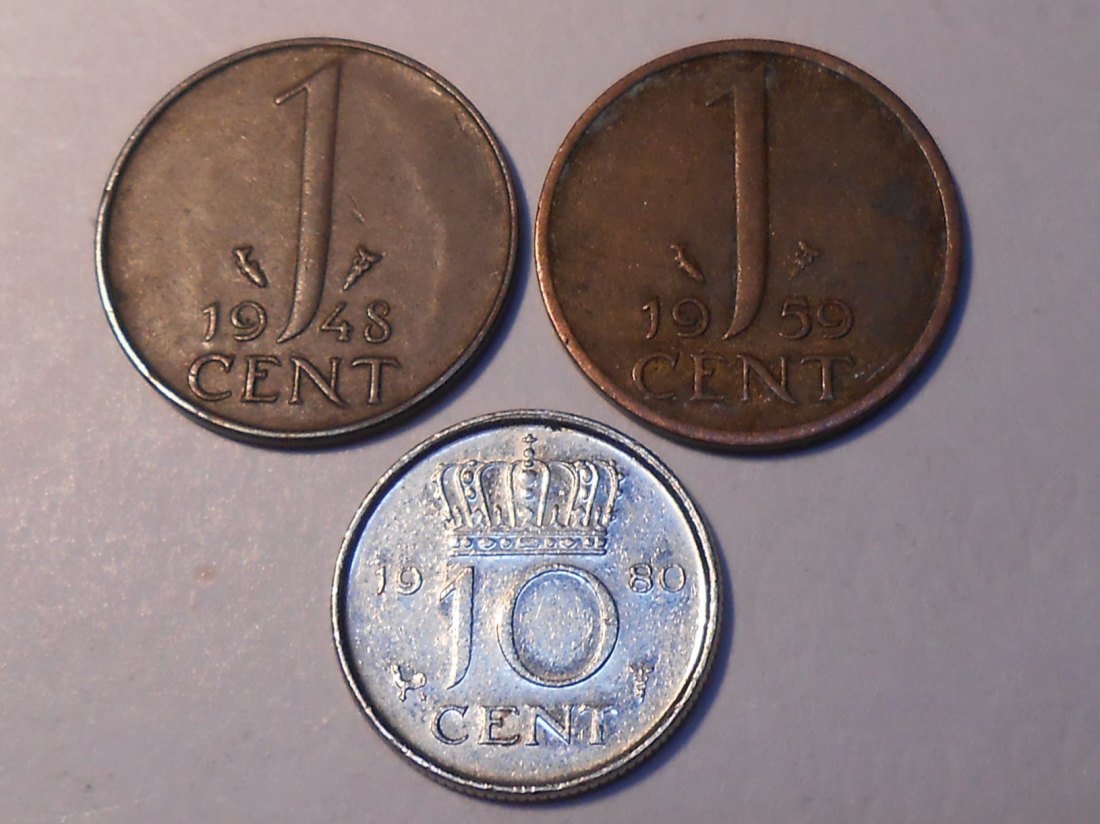  M.149. Niederlande 3er Lot, 1 Cent 1948, 1 Cent 1959, 10 Cent 1980   