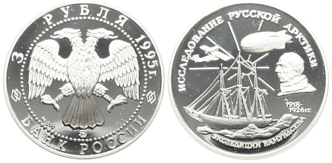  Russland: 3 Rubel 1995 auf Roald Amundsen, 34,56 gr. 900er Silber, 1 Unze fein!   