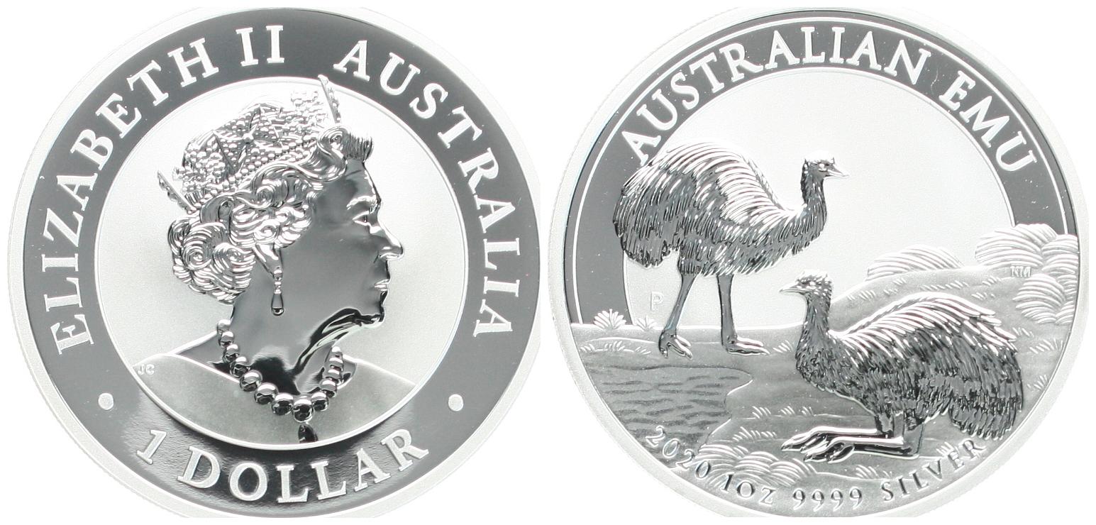  Australien: Elisabeth II., 1 Dollar 2020, Emu, 1 Unze Feinsilber (31,1 gr).   