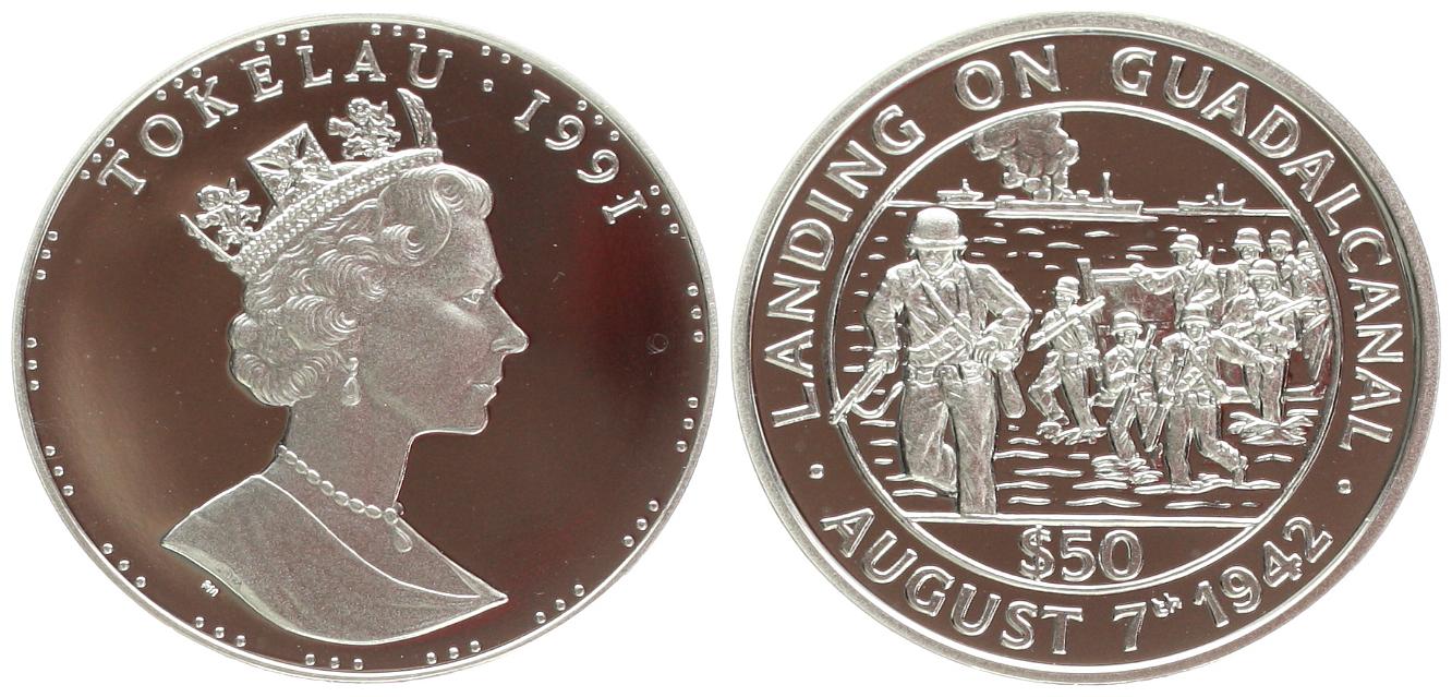  Tokelau: 50 Tala 1991 Elisabeth II., 31,13 gr. 999er Silber,, 1 Unze fein, Schlacht am Guadalcanal   