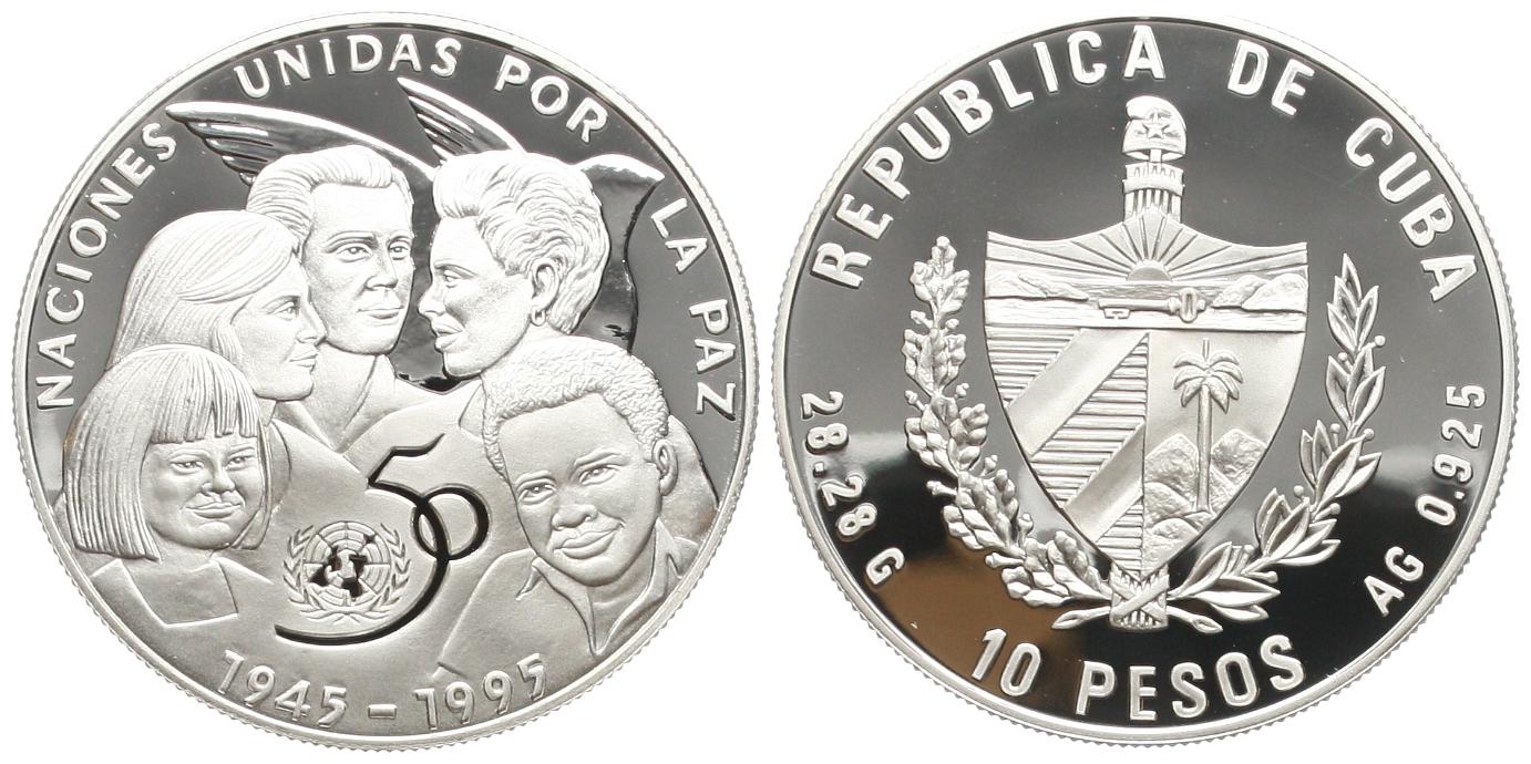  Cuba: 10 Pesos 1995 auf das 50 jährige Bestehen der UN, 28,28 gr. 925er Silber, 26,16 fein!   