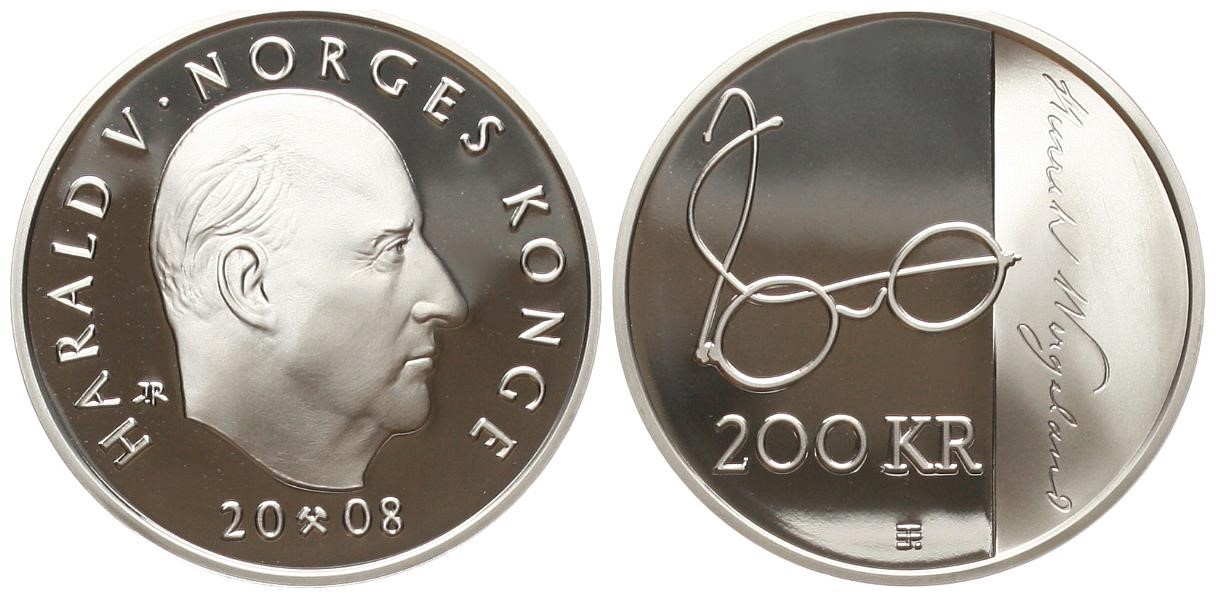  Norwegen: Harald V., 200 Kroner 2008, H. Wergeland, 16,85 g. 925 er Silber, 1/2 Unze fein!   