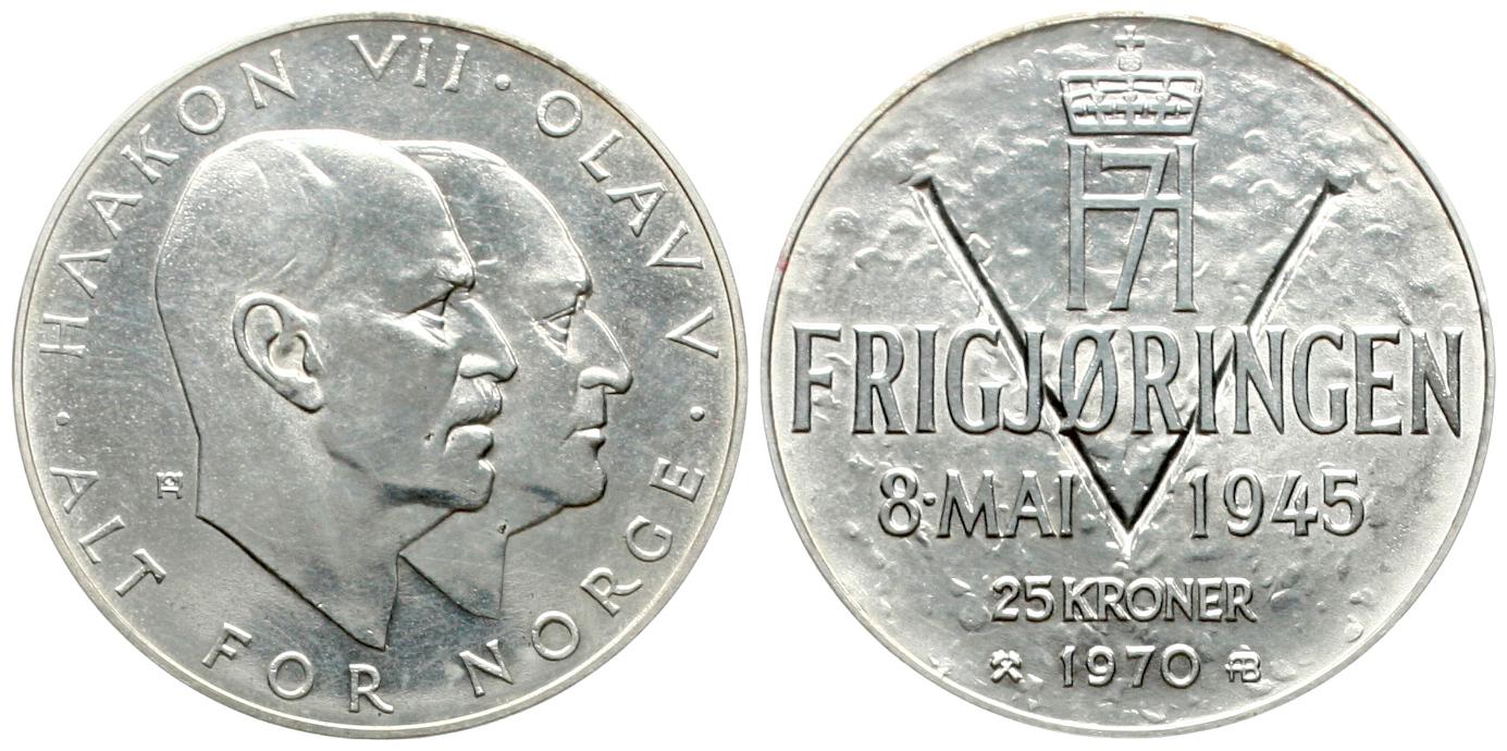  Norwegen: Olav V., 25 Kroner 1970, 29,00 gr. 875er Silber 25,37 fein, 25 jähriges Regierungsjubiläum   