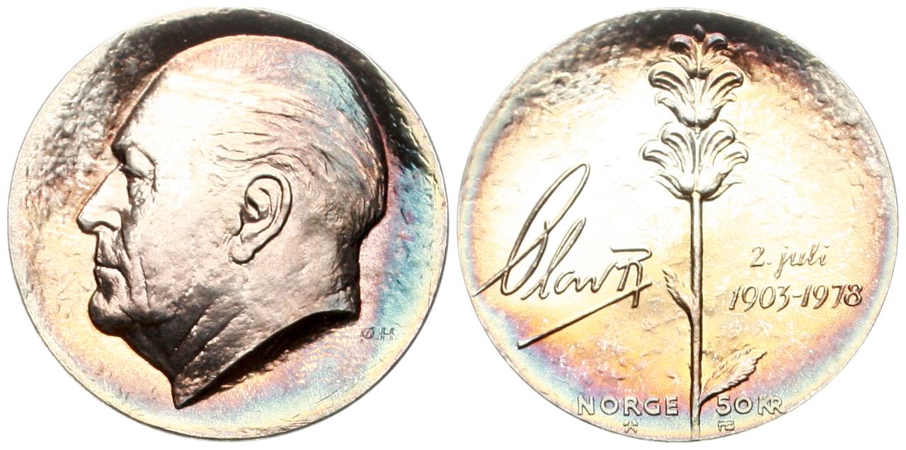  Norwegen: Olav V., 50 Kroner 1978, 27,3 gr. 925er Silber, 24,97 fein, 75. Geburtstag, schöne Patina!   