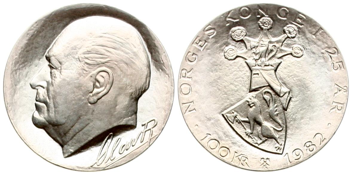  Norwegen: Olav V., 100 Kroner 1982, 25,73 gr. 925er Silber, 22,88 fein,  25. Regierungsjubiläum   