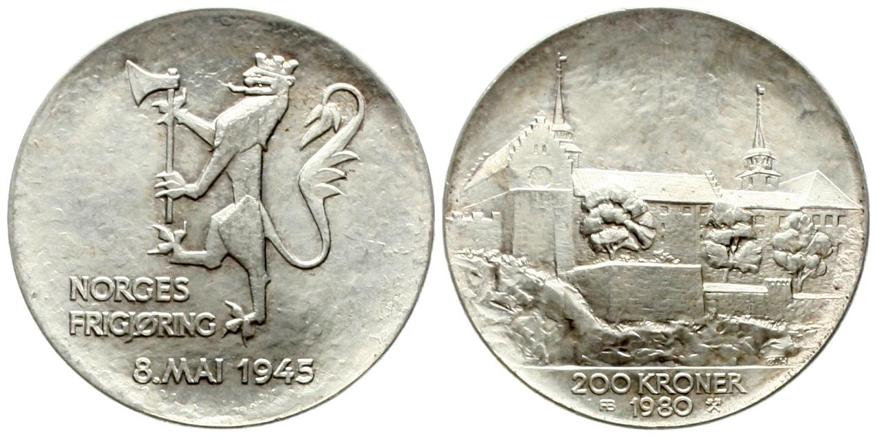  Norwegen: Olav V. 200 Kroner 1980, 35 Jahre Kriegsende, 27,30 gr. 625er Silber (17,08 fein)   