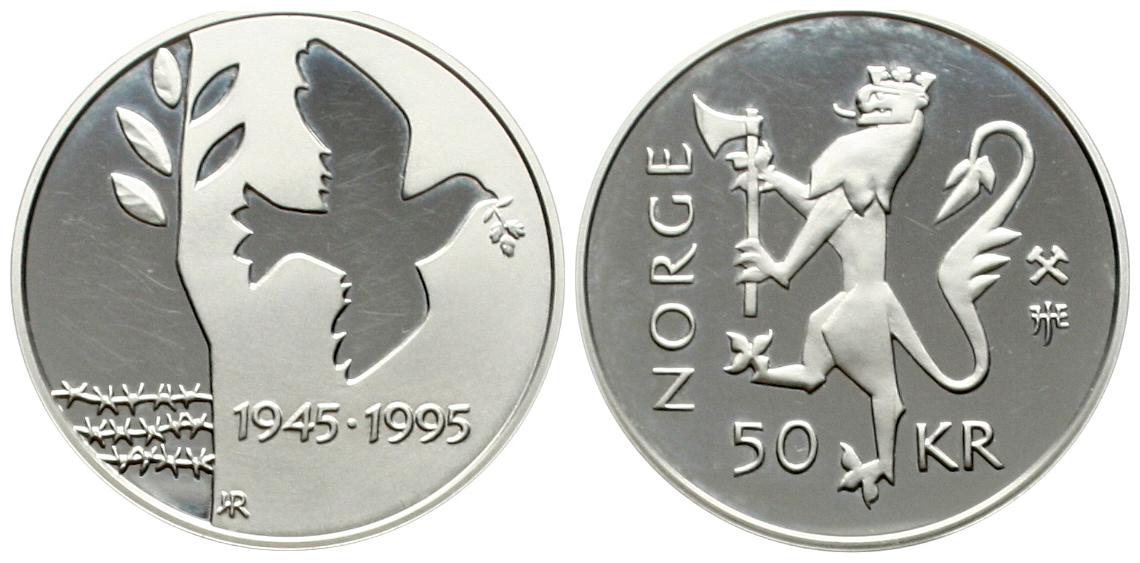  Norwegen: Harald V., 50 Kroner 1995 a.d. Kriegsende, 16,85 g. 925 er Silber, 1/2 Unze fein!   