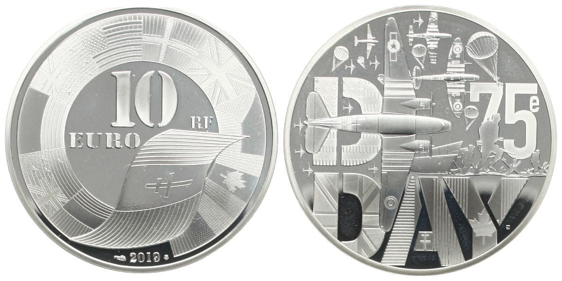  Frankreich: 10 € 2019 auf den 75. Jahrestag z. D-Day, pp, 22,20 gr. 999er Silber, nur 5000 Exemplare   