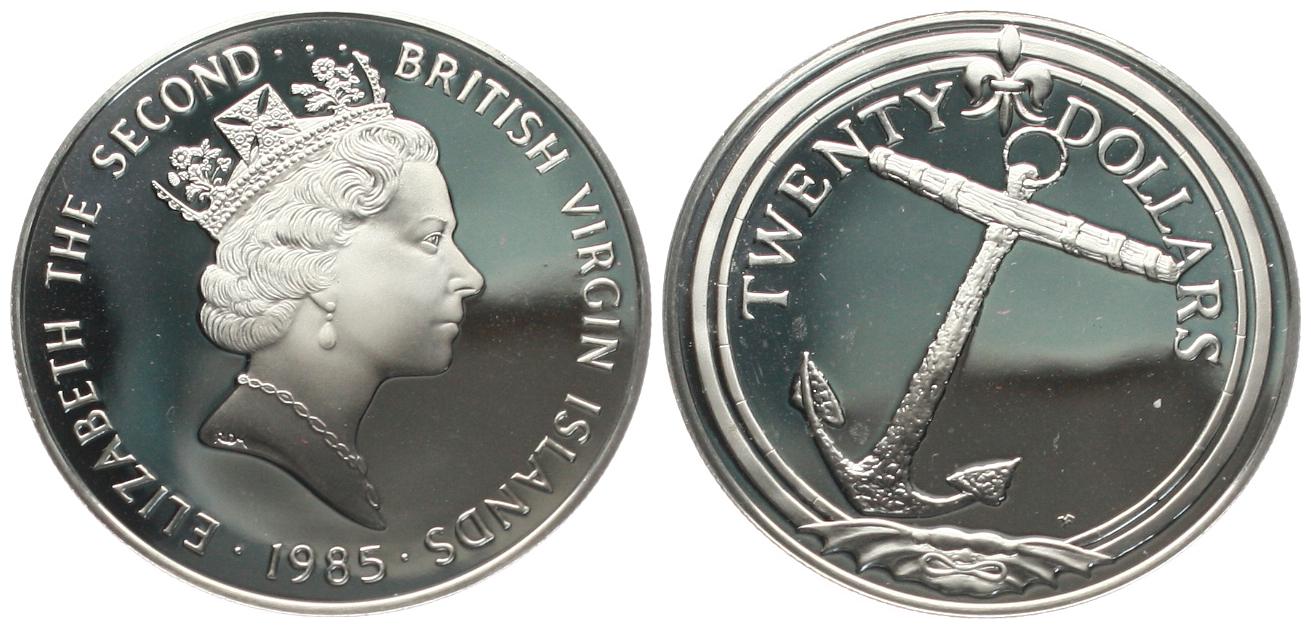  British Virgin Islands: 20 Dollar 1985, Elisabeth II., 21,11 gr. 925er Silber, 19,53 fein!   