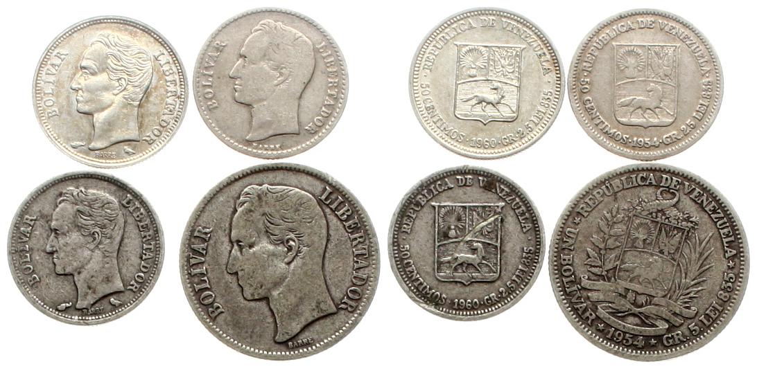  Venezuela: Kleines Lot von 4 Silbermünzen, zusammen12,36 Gramm, siehe Bilder!   