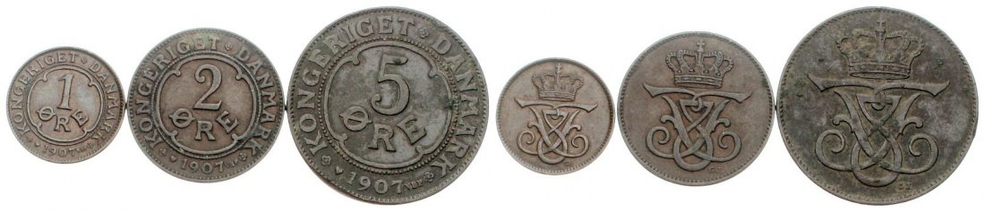  Dänemark: Frederik VII., Lot der 3 Kupferøre von 1907, komplett, siehe Bilder!   