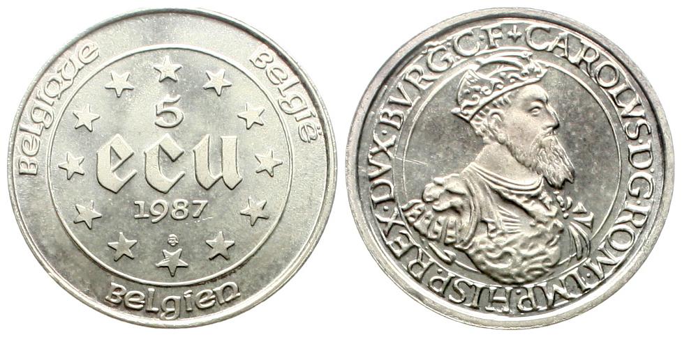  Belgien: Badouin I. 1951-1993, 5 Ecu 1987, Kaiser Karl V., 22,85 gr. 835er Silber (19,08 fein)   