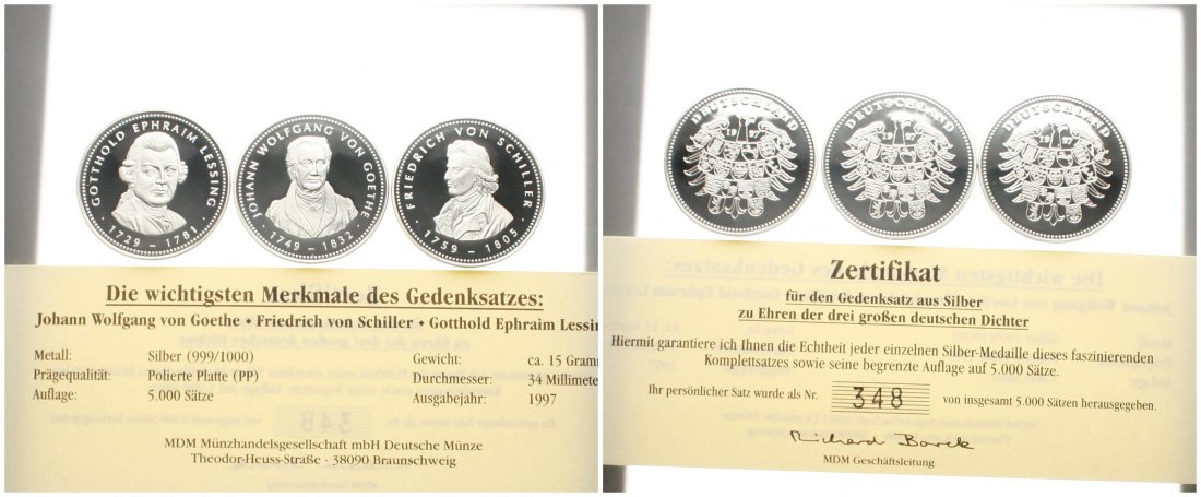  Deutschland: 3 Feisilbermedaillen zu je 15 Gramm, in Kapseln mit Etui! Ges. 45 gr. fein   