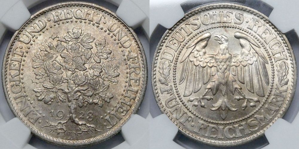  Weimarer Republik - Eichbaum 5 Reichsmark 1928 F !!! NGC MS66 !!! TOP POP !!   