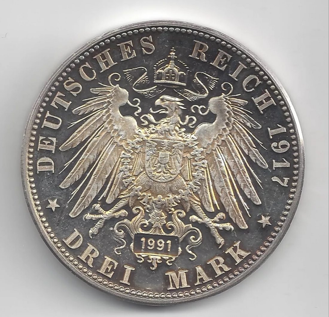  3 MARK MÜNZE Friedrich der Weiße 1917/1991 PP fein-Silber 999/1000 16 gramm   