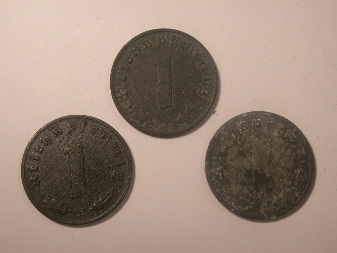  I11  3. Reich 1 Pfennig Zink 1943 D, E und F 3 Stück  Originalbilder   