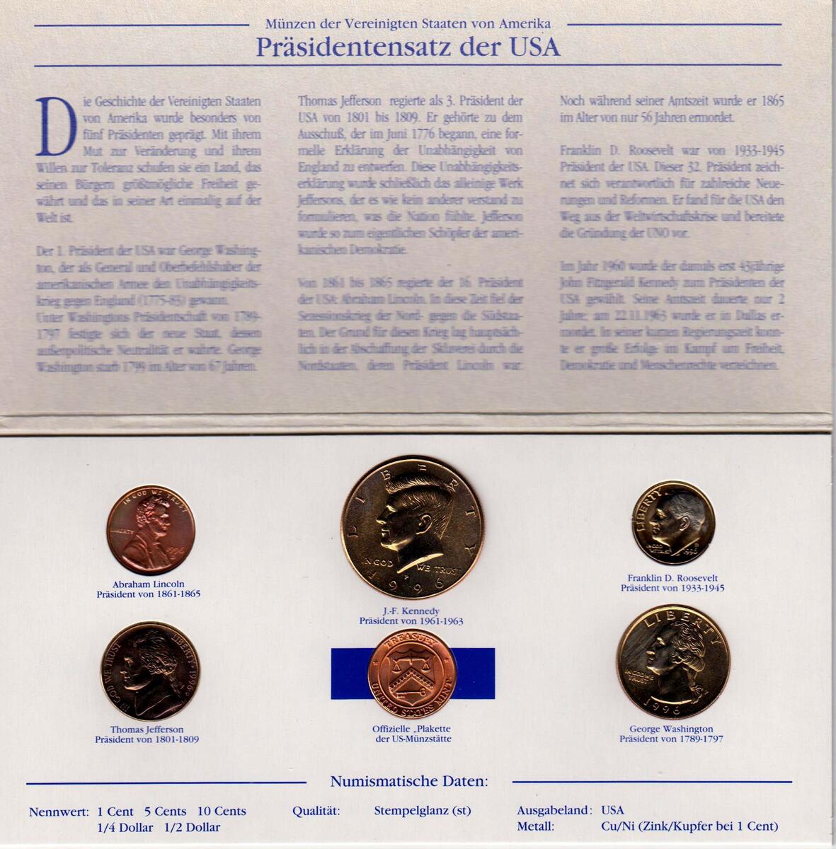  USA KMS 1996 Präsidentensatz: Die berühmtesten Präsidenten der USA unc.   