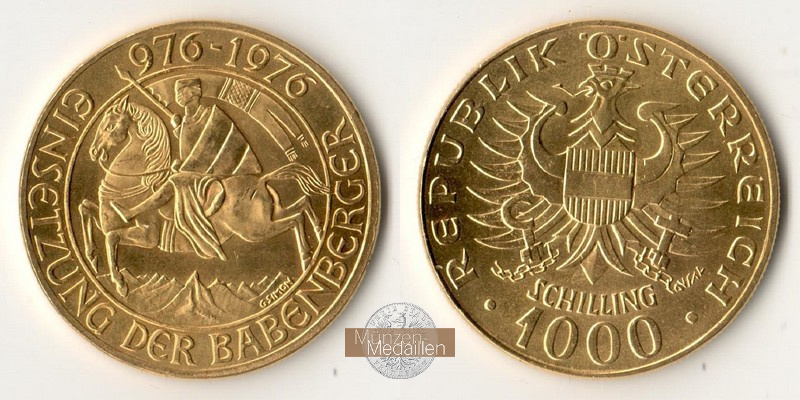 Österreich  1000 Schilling MM-Frankfurt Feingold: 12,15g Einsetzung der Babenberger 1976 