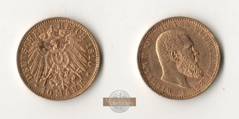 Deutsches Kaiserreich, Württemberg MM-Frankfurt Feingold: 3,58g Wilhelm II., 10 Mark 1910 F 