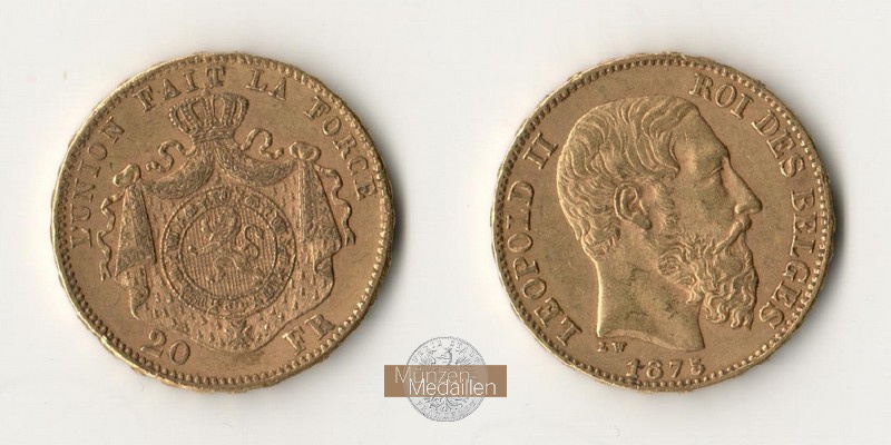 Belgien  20 Francs MM-Frankfurt Feingold: 5,81g Leopold II. 1865-1909 1875 