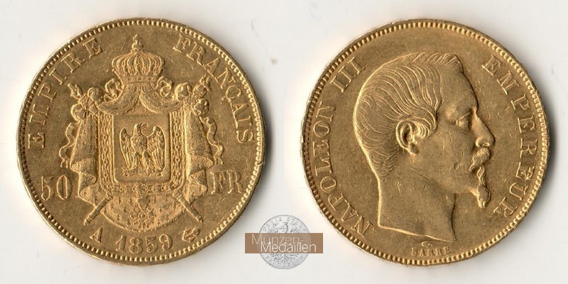 Frankreich MM-Frankfurt Feingold: 14,52g 50 Francs 1859 A 