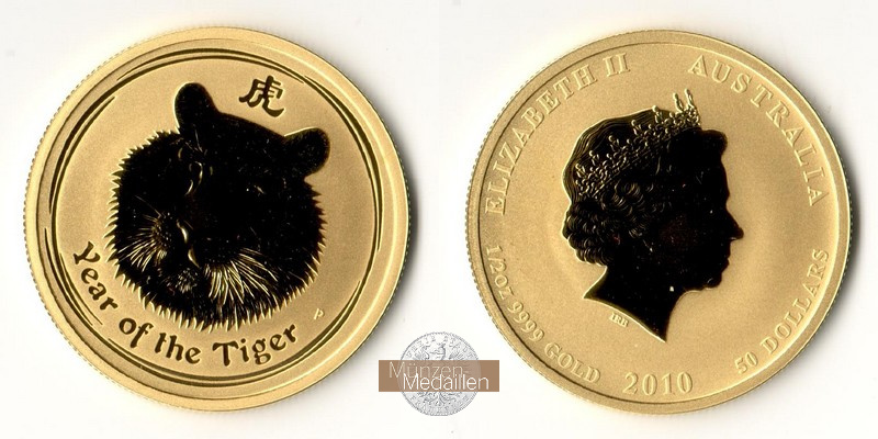 Australien 50 Dollar MM-Frankfurt Feingold: 15,55g Jahr des Tigers 2010 