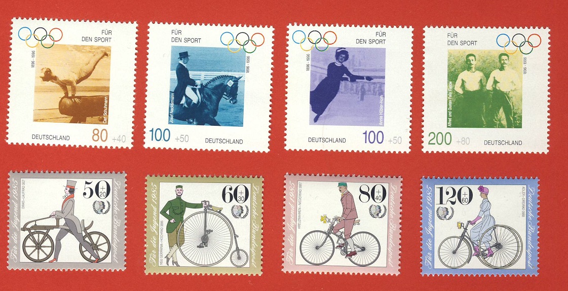  Bund 1996 + 1985 2 Sätze Mi.1861 - 1864 Sporthilfe + Mi.1242 - 1245 Fahrräder Postfrisch   