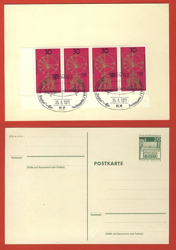  Bund 1971 4x Mi.688 Eckrandstück auf Postkarte mit Ersttagsstempel   