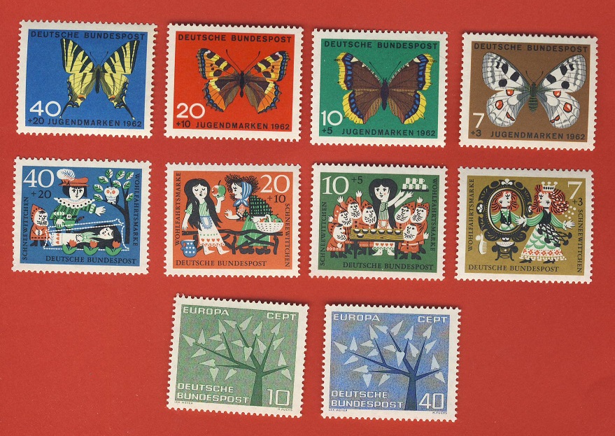  Bund 1962 3 Sätze Mi.376 - 379 Schmetterlinge + Mi.385 - 388 Märchen + 383 - 384 Europa Postfrisch   