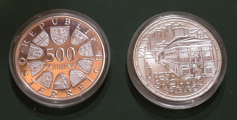  Österreich 2 x 500 Schilling Silber PP KSZE u Festspielhaus Salzburg   