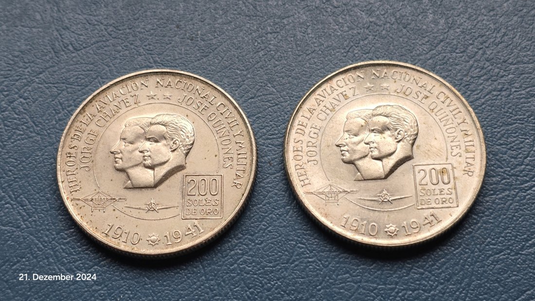  Peru 2 Stück a 200 Soles von 1975. Helden der Luftfahrt. Zusammen 35,2 g Feinsilber   