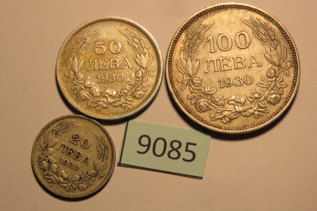  9085 Bulgarien 1930 - 20 + 50 + 100 Leva - 34 g Silber 0.500   