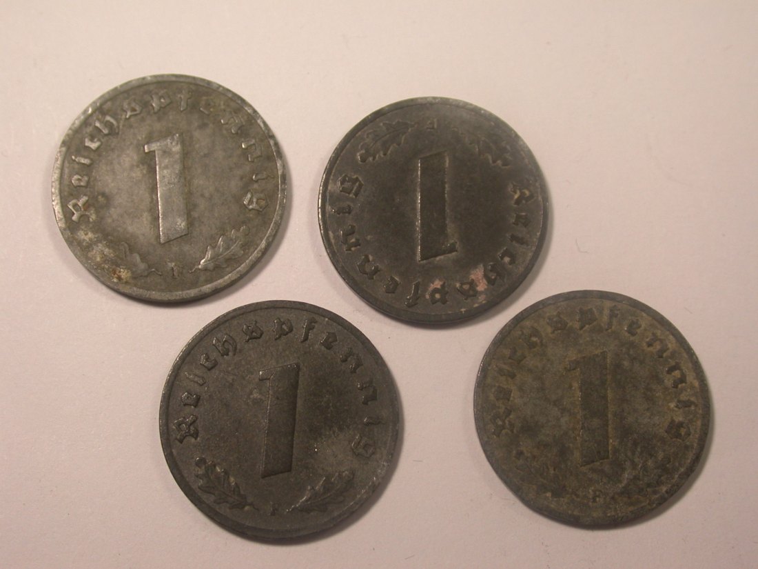  I11 3.Reich 1 Pfennig Zink 1940, 41, 42 und 1943 F  4 Münzen Originalbilder   