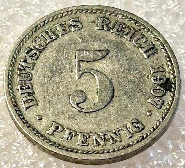  ( A9 ) Deutsches Kaiserreich - 5 Pfennig 1907 -D- , Gr. Adler , Erh. siehe Bilder   