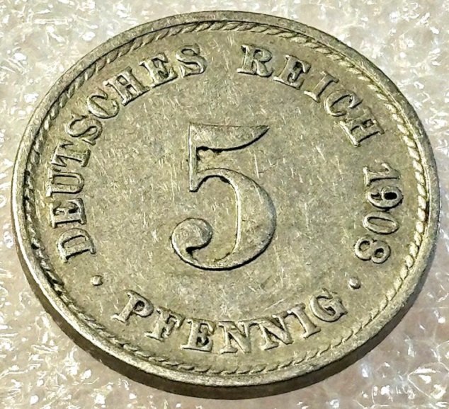  ( A10 ) Deutsches Kaiserreich - 5 Pfennig 1908 -A- , Gr. Adler , Erh. siehe Bilder   