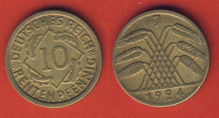  Weimarer Republik 10 Rentenpfennig 1924 J   