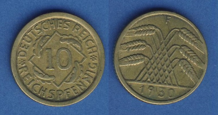  Weimarer Republik 10 Reichspfennig 1930 F   