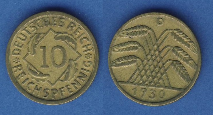  Weimarer Republik 10 Reichspfennig 1930 D   