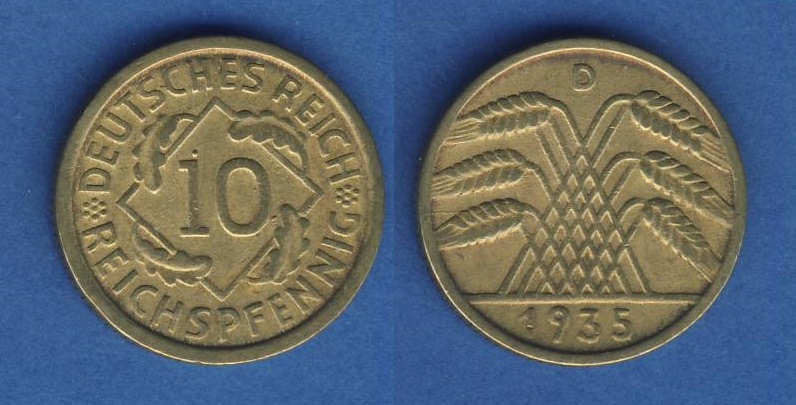  Weimarer Republik 10 Reichspfennig 1935 D   